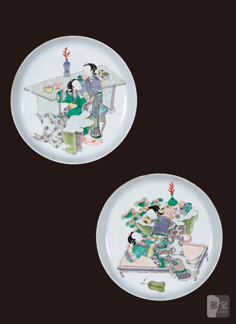 清康熙 五彩仕女图盘一对